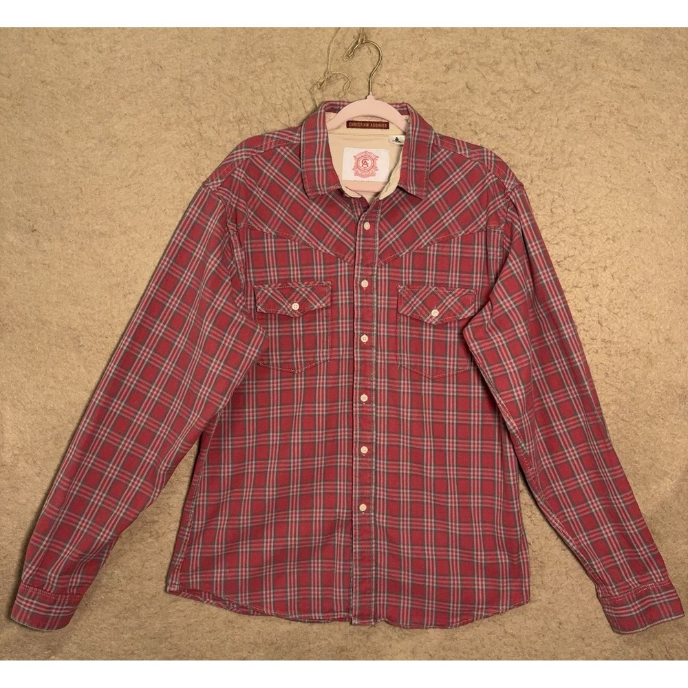 Christian Audigier Flannel Shirt Men XL Muted Red Plaid Flip Cuff Pocket Western